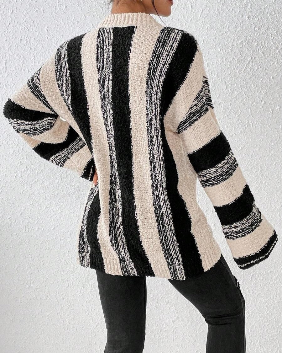 Vertical Stripe Oversized Crewneck Sweater - Apricot - 2