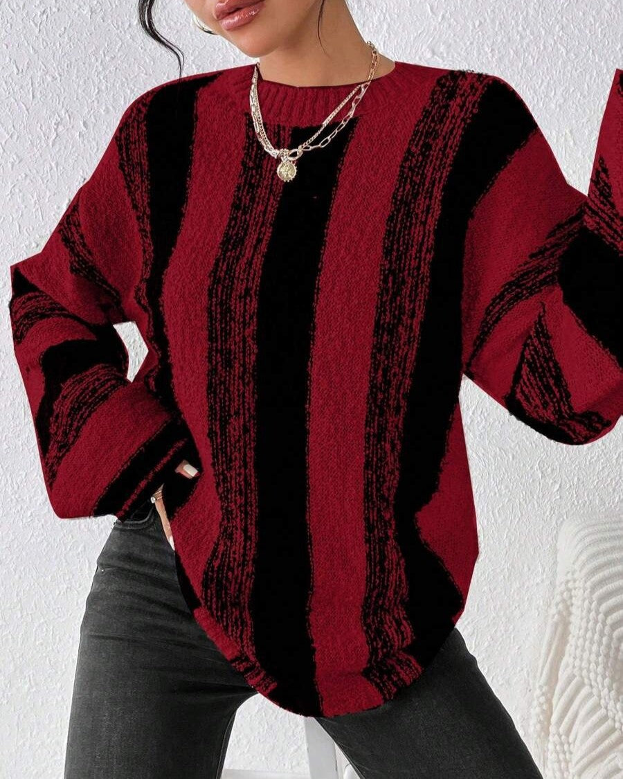 Vertical Stripe Oversized Crewneck Sweater - Red
