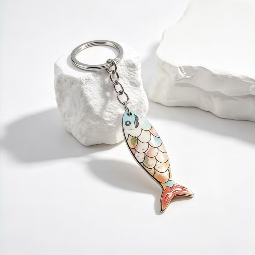 Wooden Fish Keychain Bag Charm With Scale Design - Blue