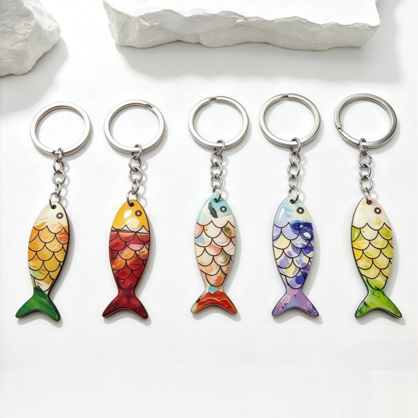Wooden Fish Keychain Bag Charm With Scale Design - Purple