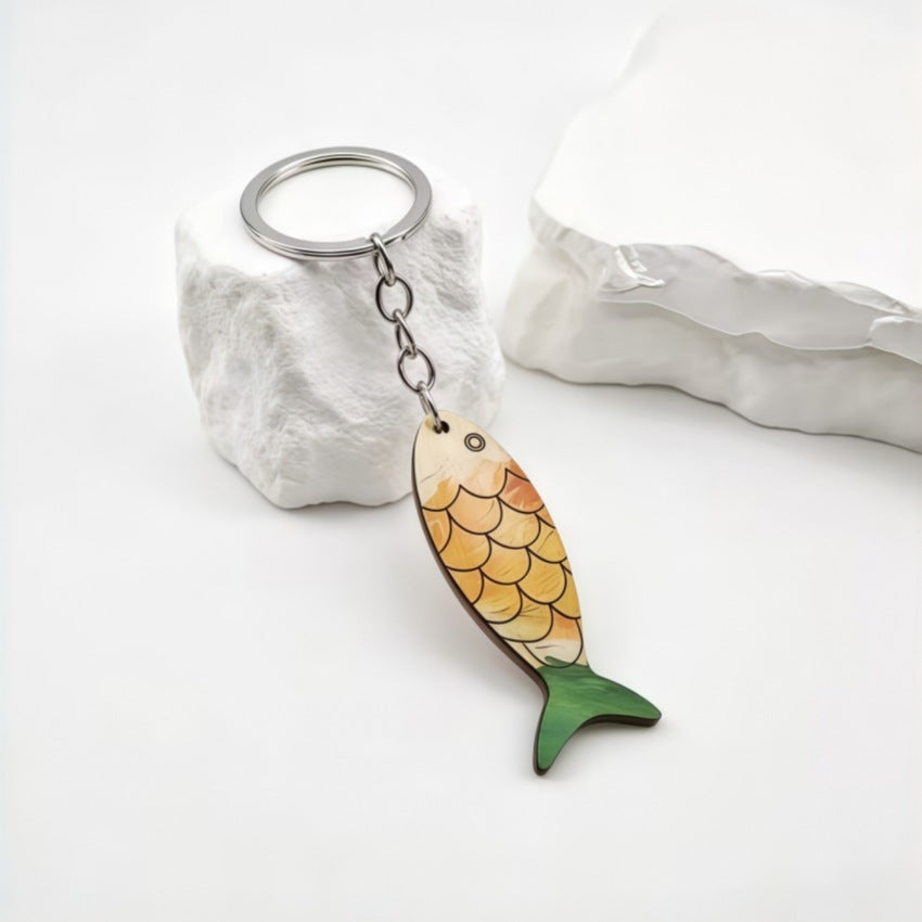 Wooden Fish Keychain Bag Charm With Scale Design - Yellow