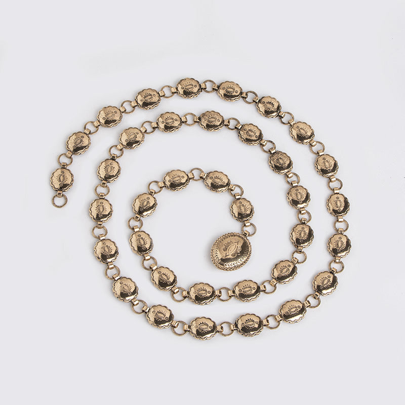 Engraved Oval Concho Layered Chain Belt - Gold