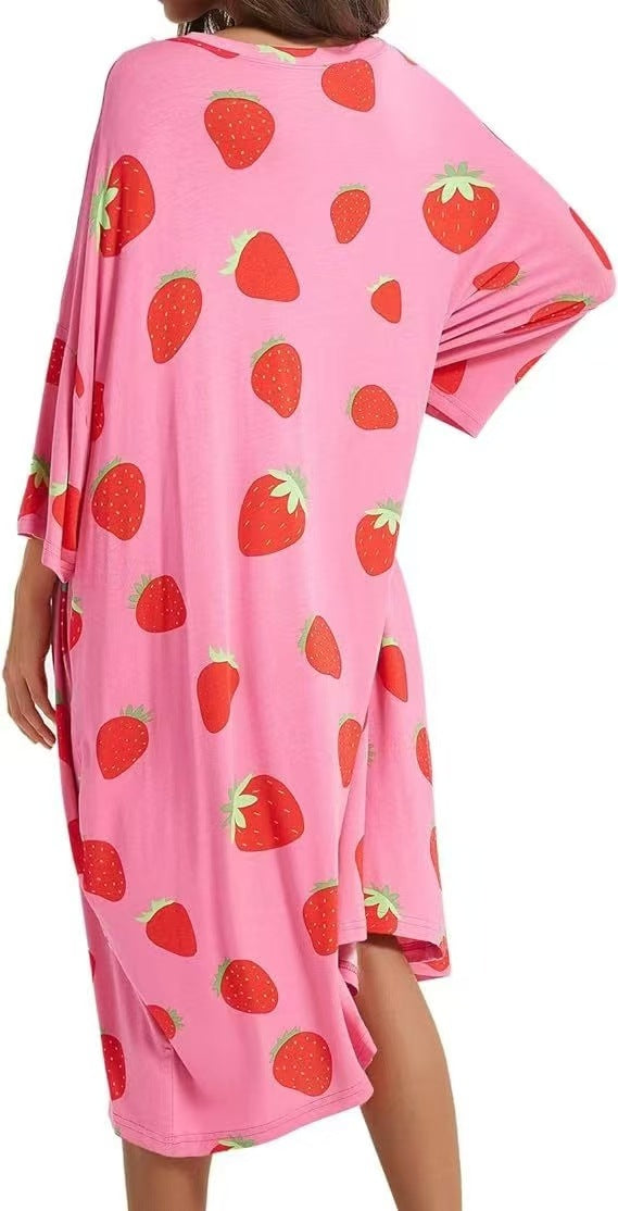 Oversized Printed Sleep Shirt Nightgown - Strawberry