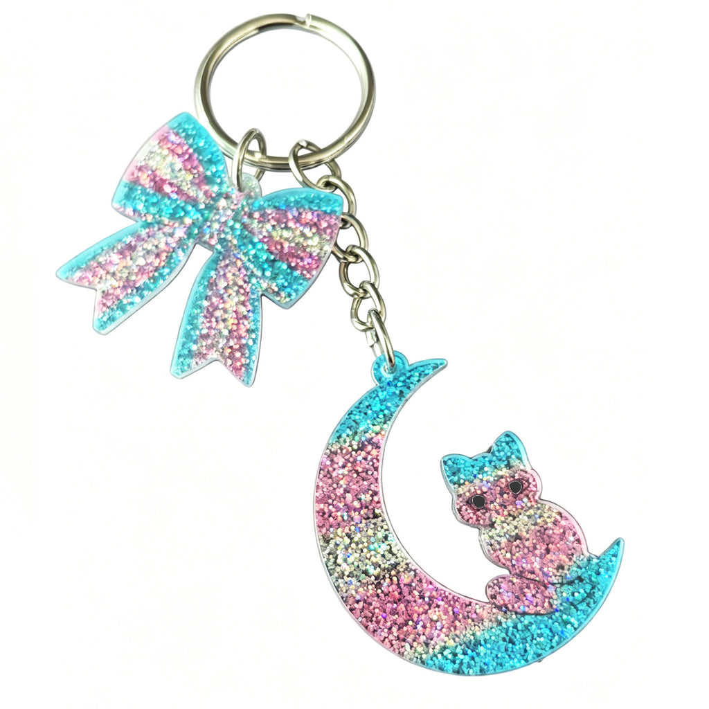 Glitter Acrylic Bow Bag Charm Keychain - Cat_B