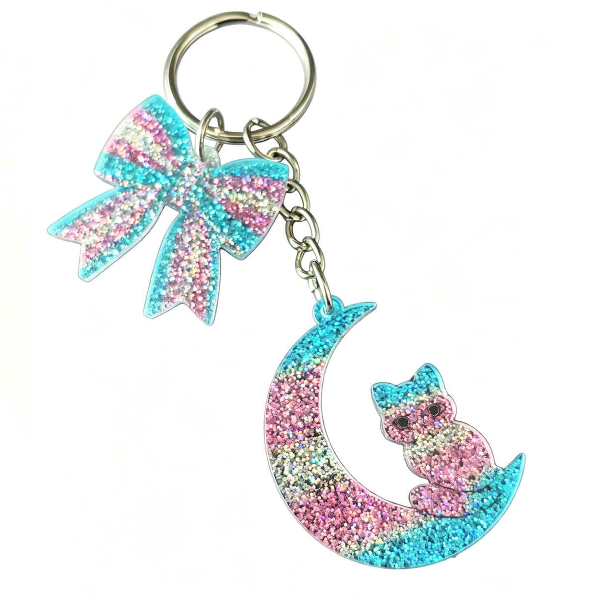 Glitter Acrylic Bow Bag Charm Keychain - Cat_B