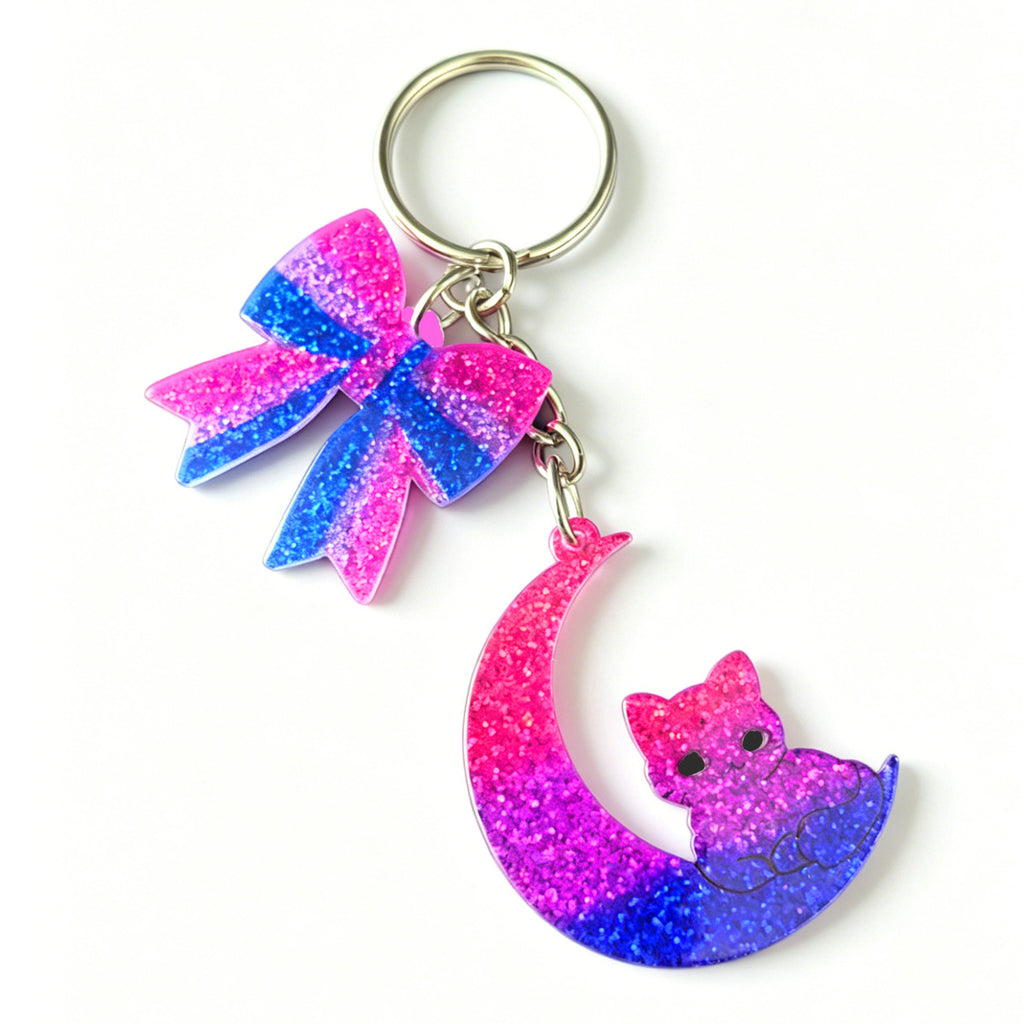 Glitter Acrylic Bow Bag Charm Keychain - Cat_P