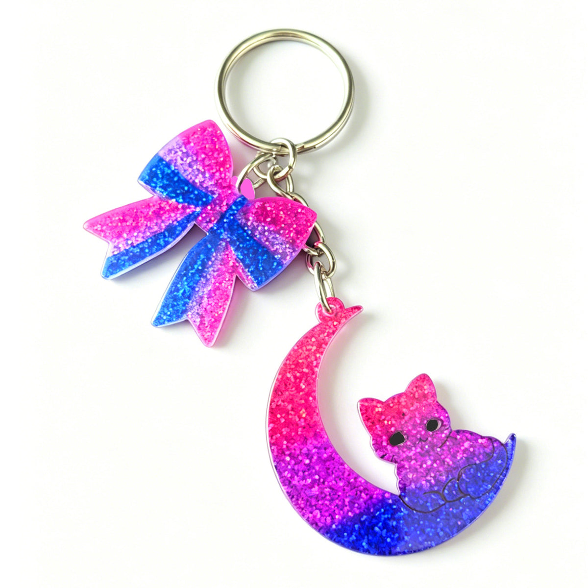 Glitter Acrylic Bow Bag Charm Keychain - Cat_P