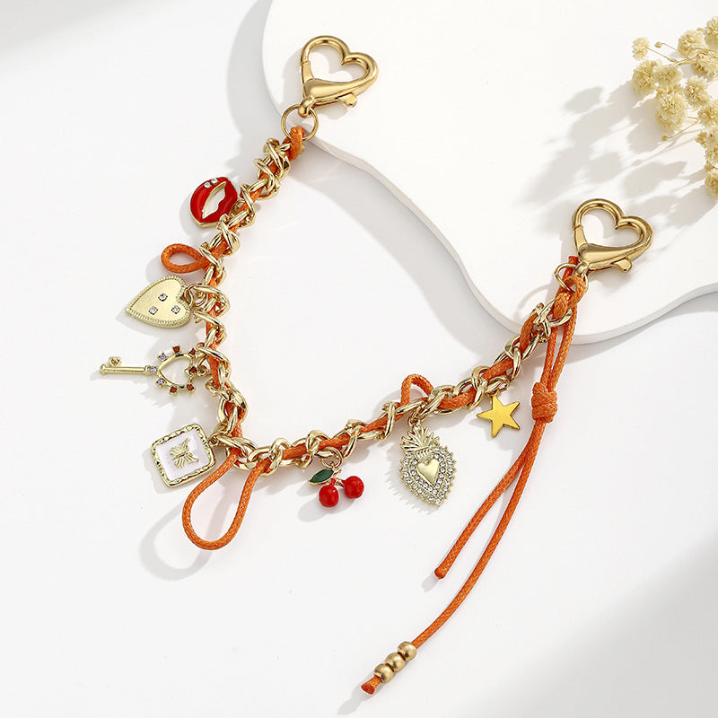 Y2K Cherry & Heart Multi-Charm Bag Chain - Gold