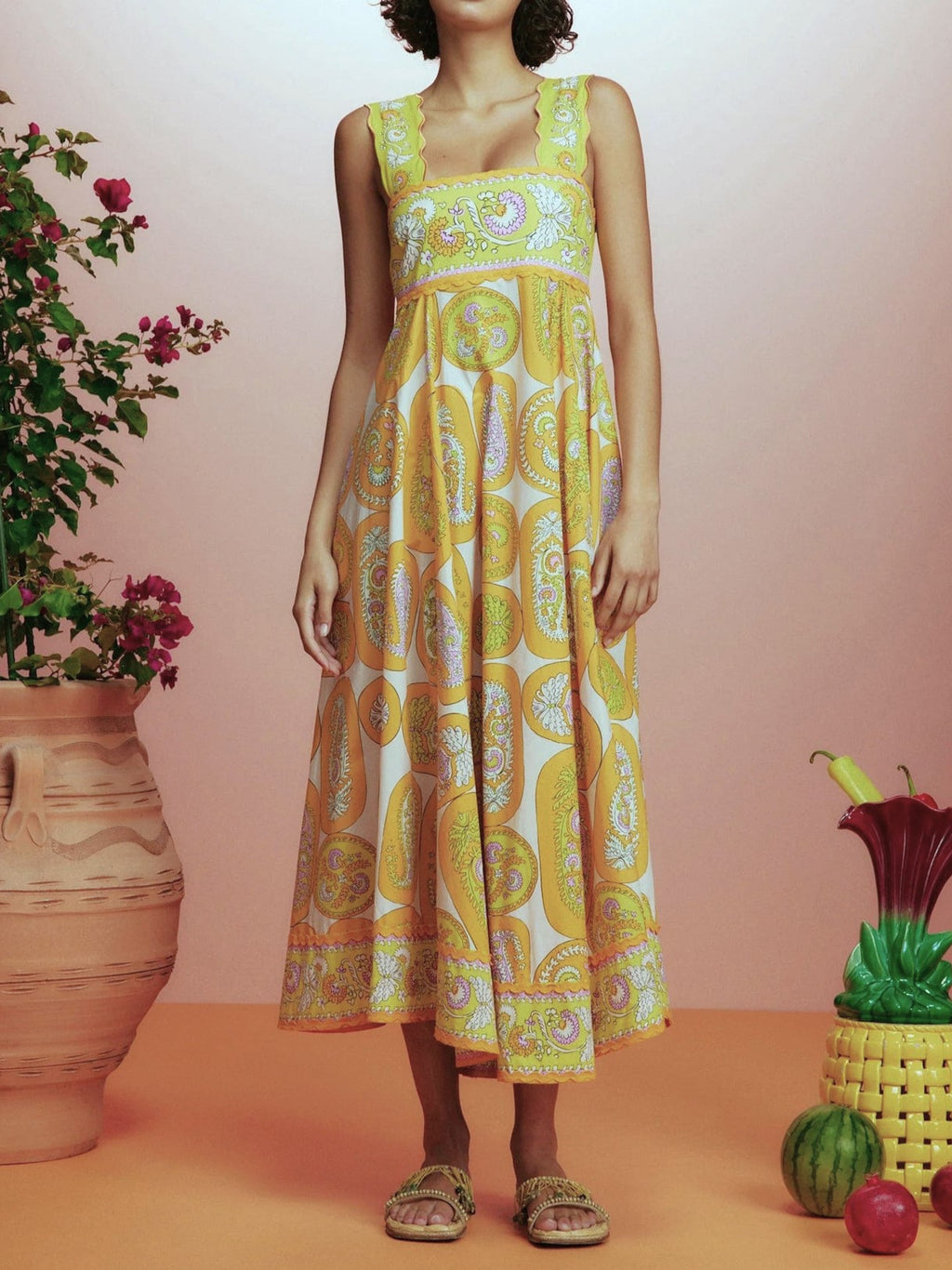 Empire Waist Paisley Print Midi Dress - Ginger