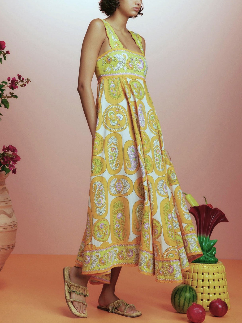 Empire Waist Paisley Print Midi Dress - Ginger - 2