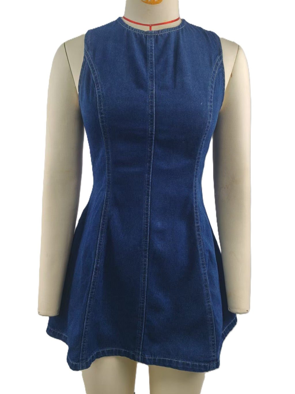 Open Back Denim Fit And Flare Mini Dress - DarkBlue