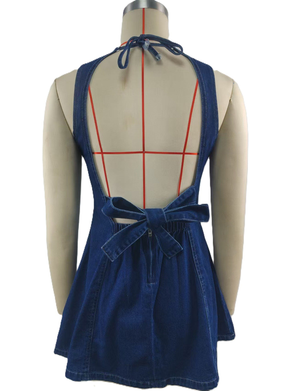 Open Back Denim Fit And Flare Mini Dress - DarkBlue - 2