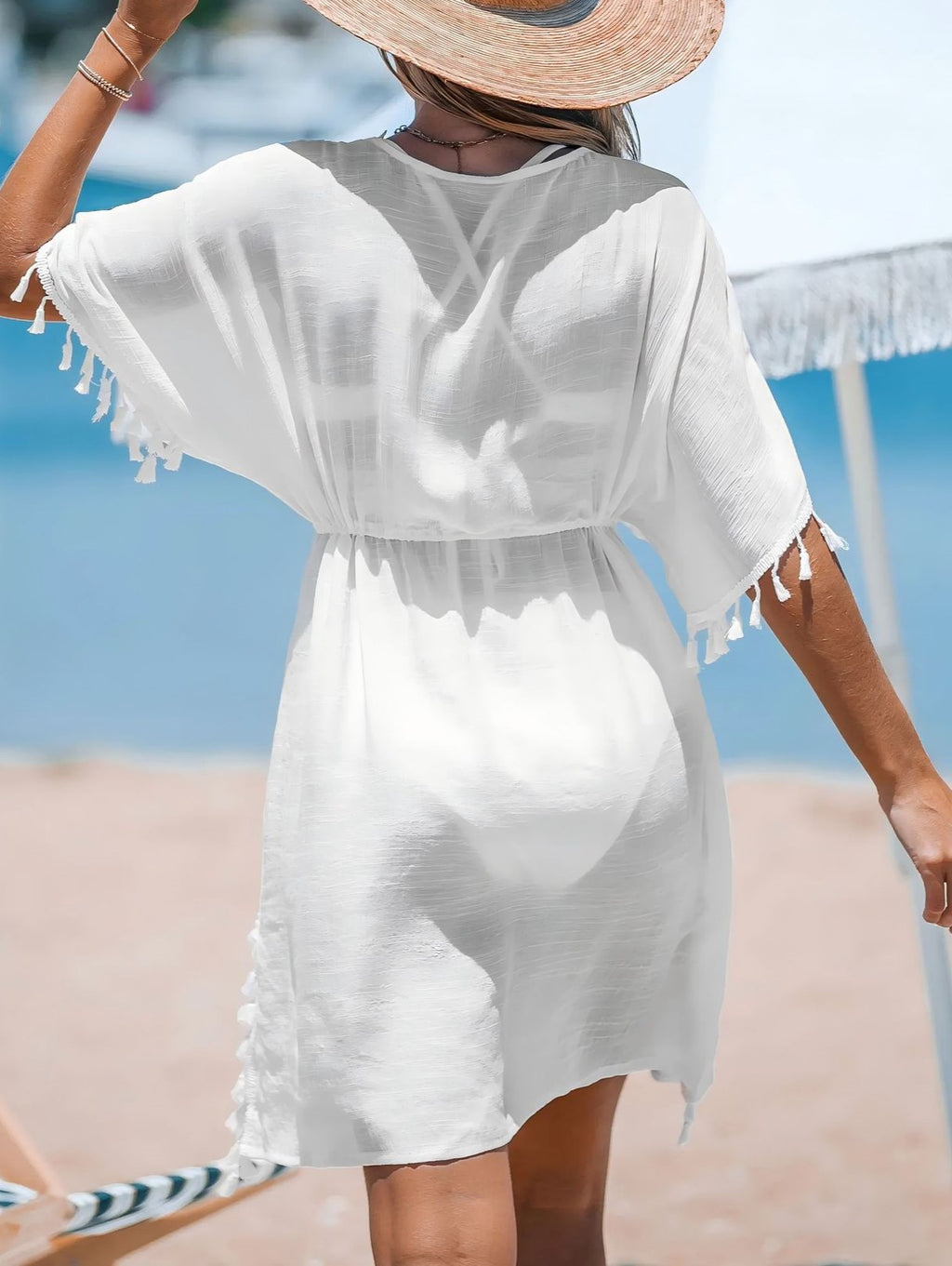 Crochet Lace Panel Tassel Beach Dress - White - 1