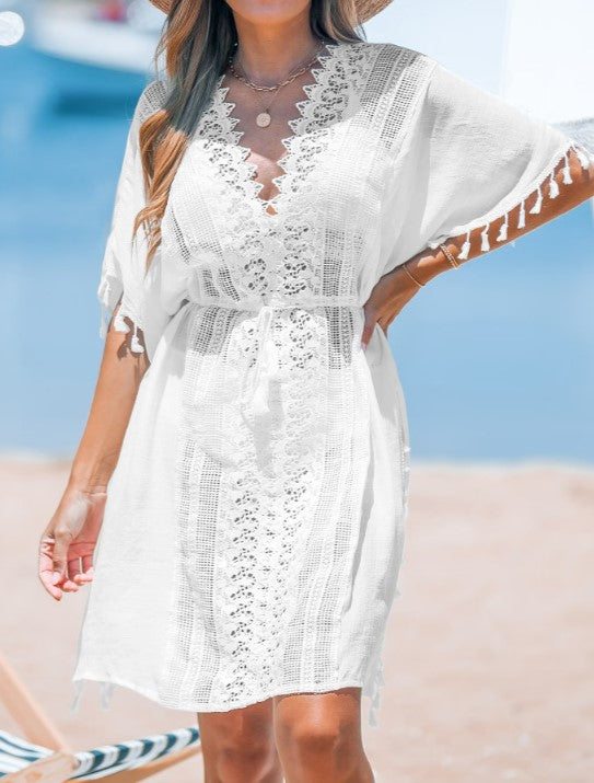 Crochet Lace Panel Tassel Beach Dress - White - 2