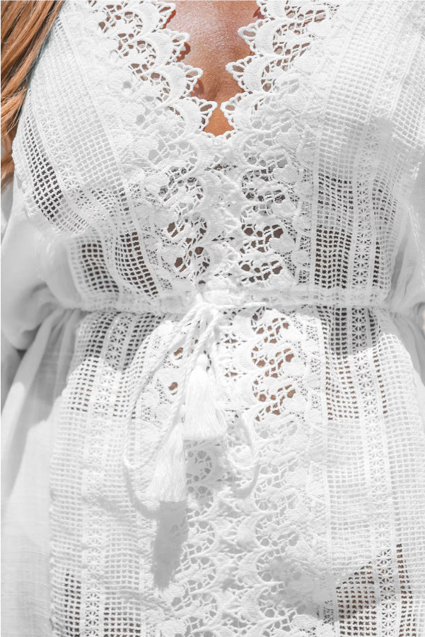 Crochet Lace Panel Tassel Beach Dress - White - 4