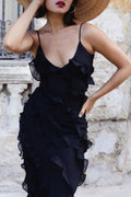 Tiered Ruffle Chiffon Slip Maxi Dress - black