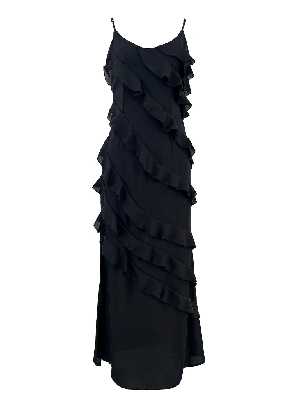 Tiered Ruffle Chiffon Slip Maxi Dress - black - 1