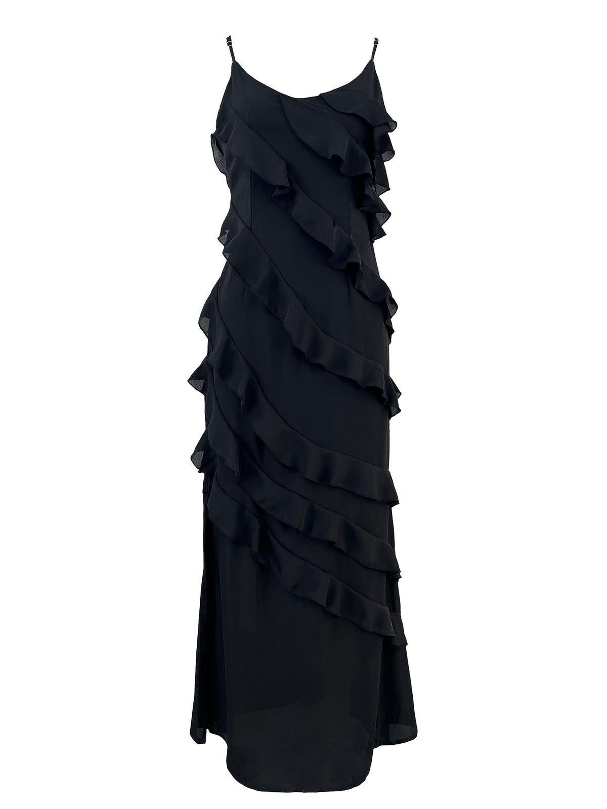 Tiered Ruffle Chiffon Slip Maxi Dress - black - 1