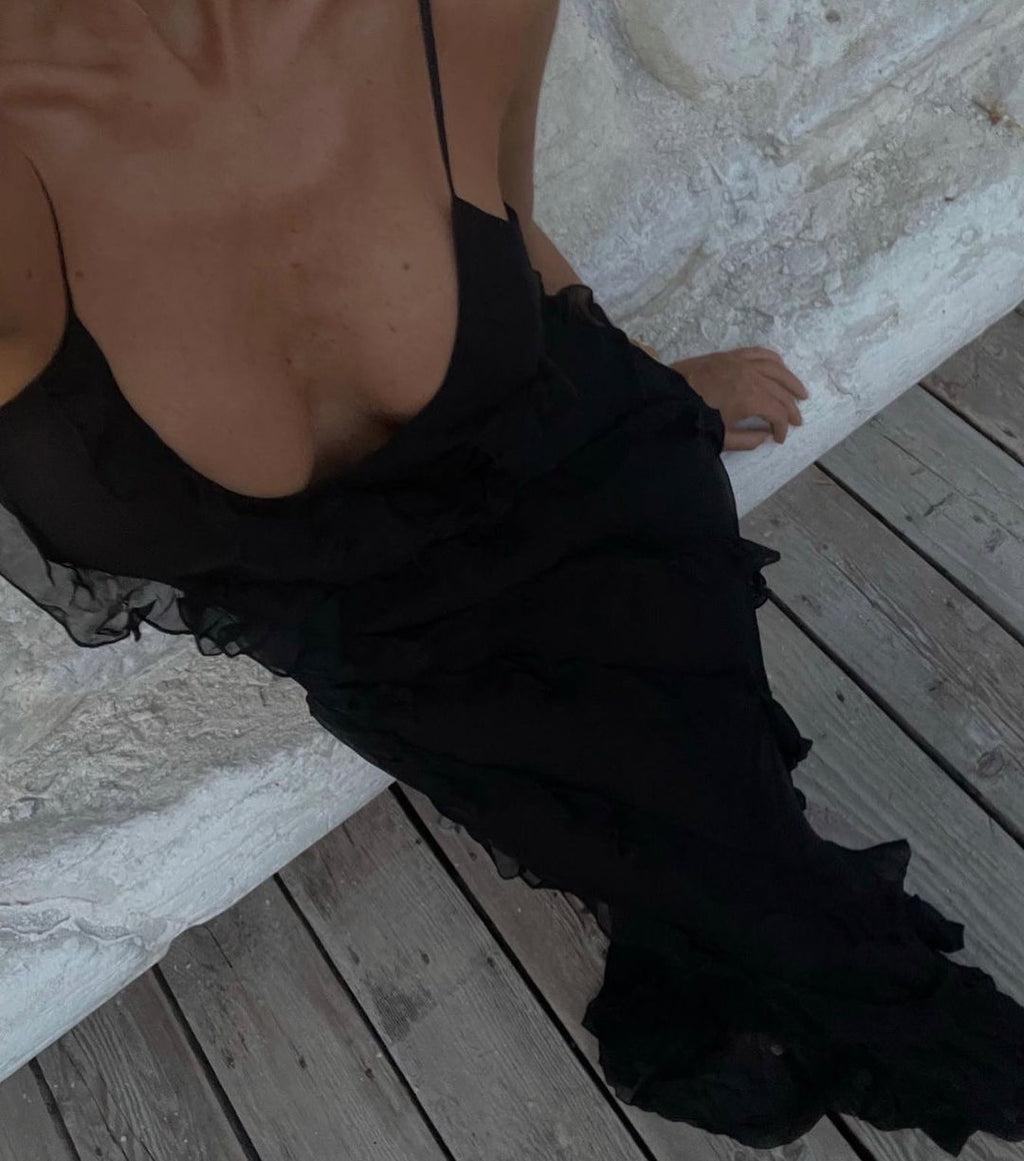 Tiered Ruffle Chiffon Slip Maxi Dress - black - 6