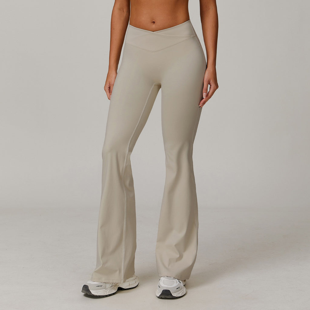 Scrunch Butt Crossover Waist Flare Yoga Leggings - Light Khaki