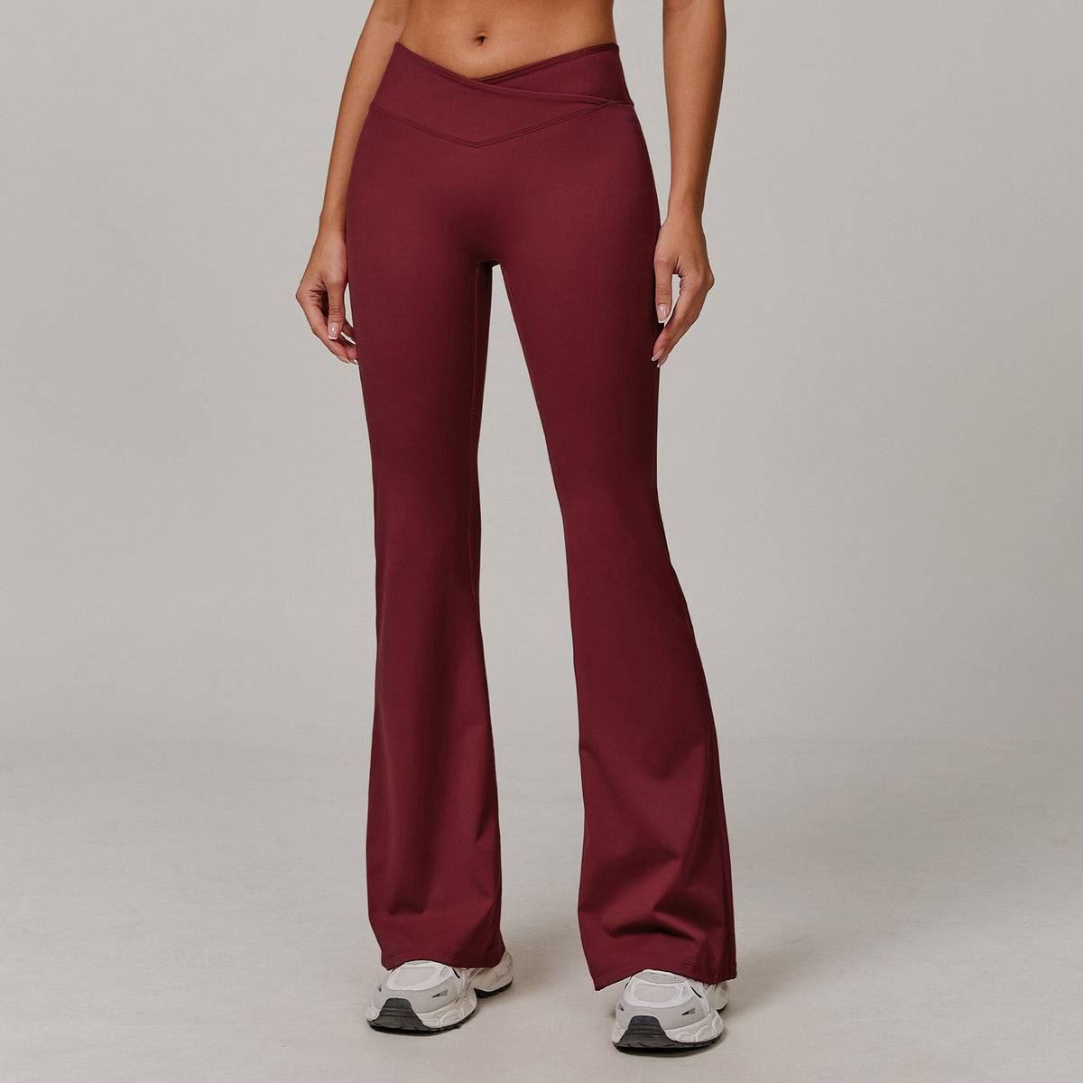 Scrunch Butt Crossover Waist Flare Yoga Leggings - Wine Red