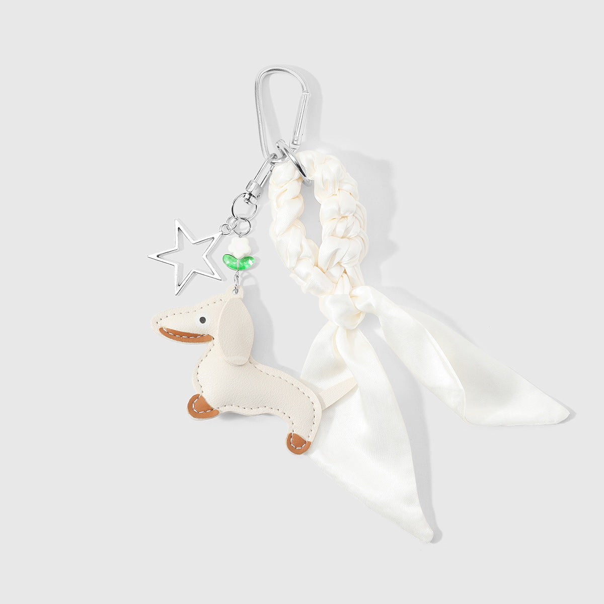Dachshund Bag Charm Keychain With Silk Scarf - Beige