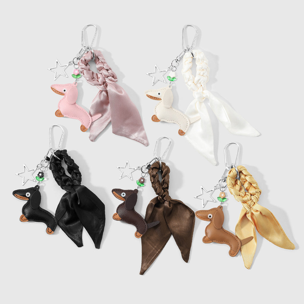 Dachshund Bag Charm Keychain With Silk Scarf - Black