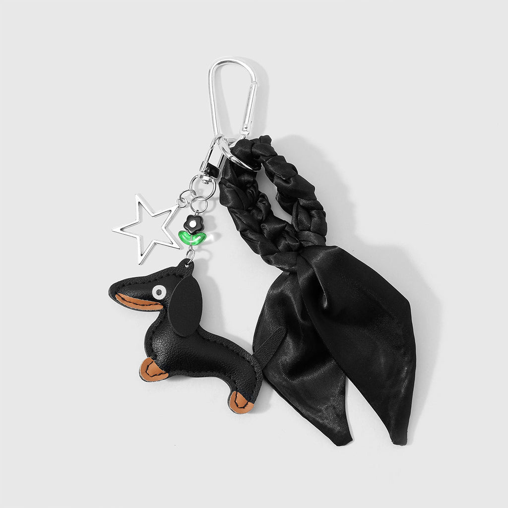 Dachshund Bag Charm Keychain With Silk Scarf - Black - 1