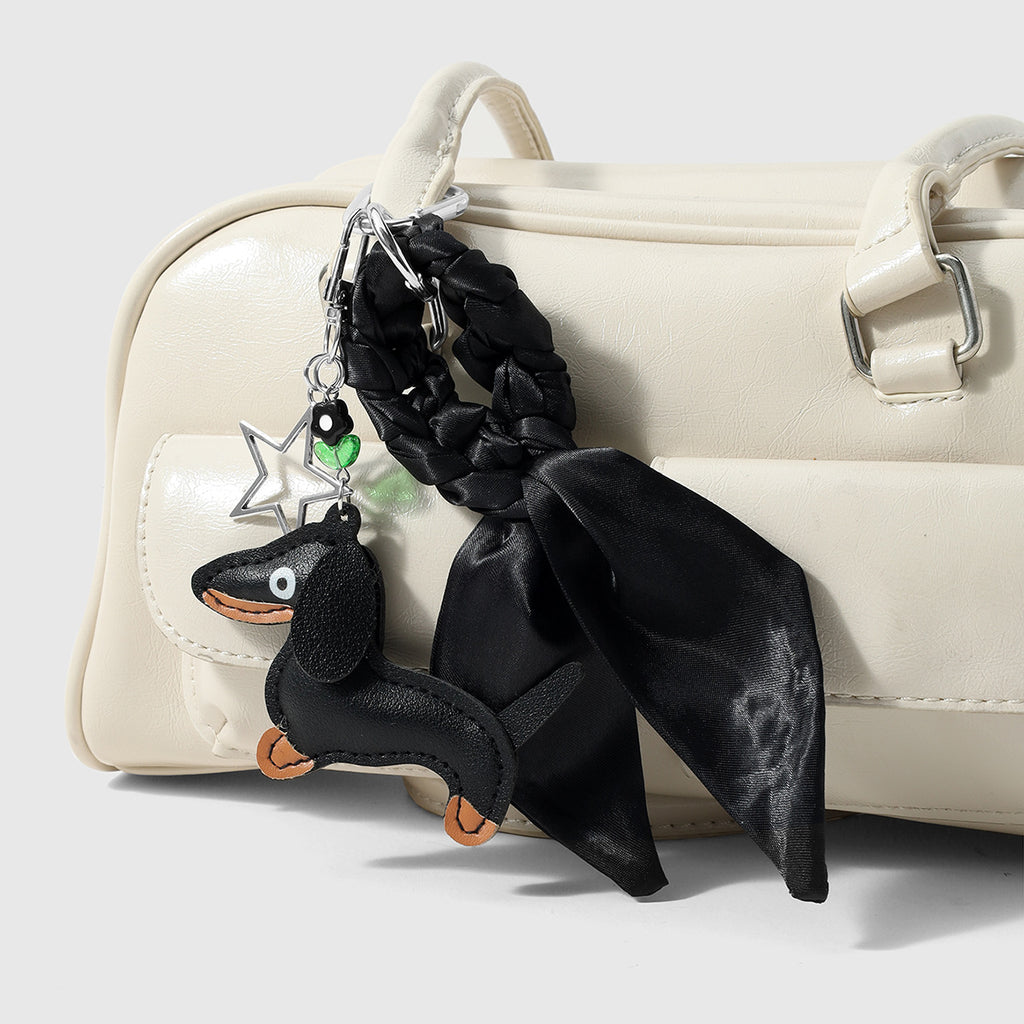 Dachshund Bag Charm Keychain With Silk Scarf - Black - 3