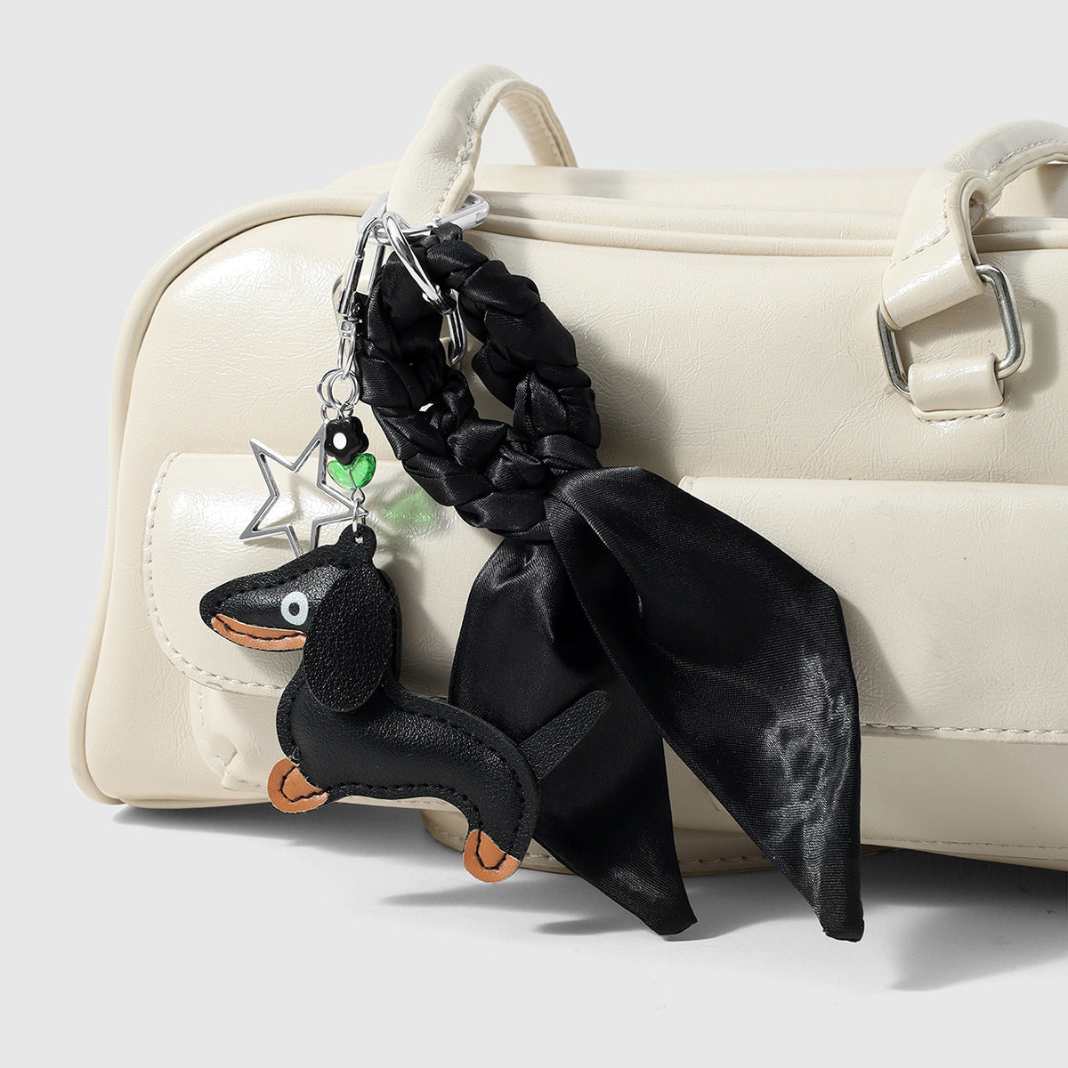 Dachshund Bag Charm Keychain With Silk Scarf - Black - 3