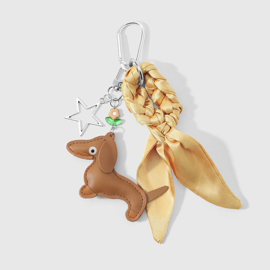 Dachshund Bag Charm Keychain With Silk Scarf - Khaki