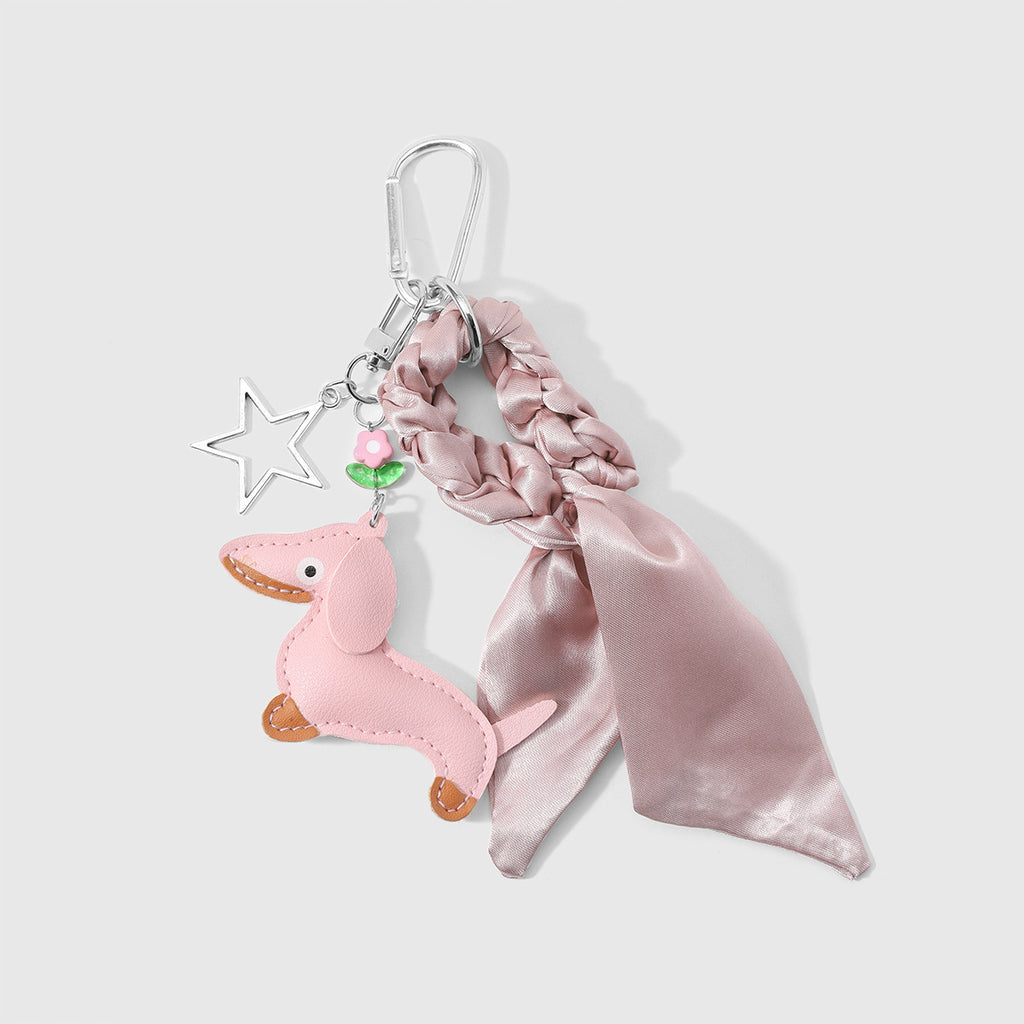 Dachshund Bag Charm Keychain With Silk Scarf - Pink