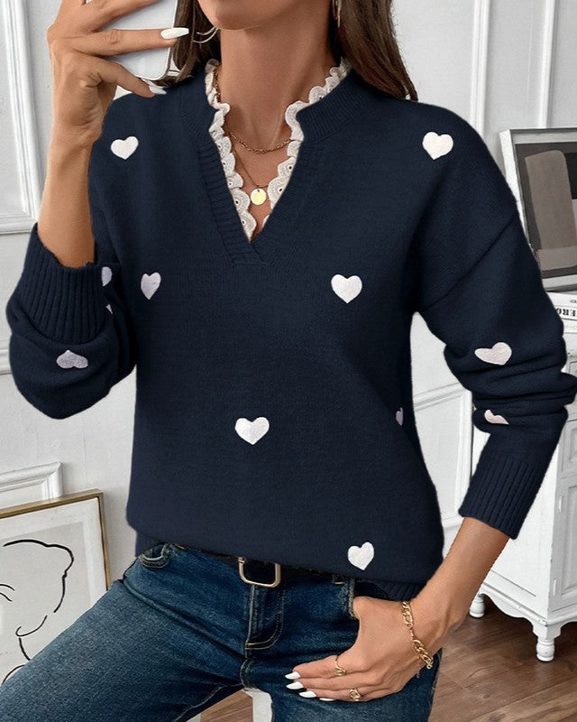 Scalloped Trim Heart Motif Knit Sweater - Dark-Blue