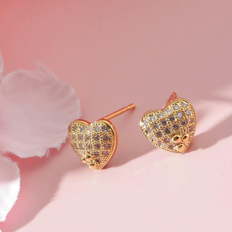 Pave Zircon Mini Heart Studs - Gold - 1