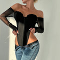 Mesh Sleeve Corset Bodysuit With Frill Trim - Black