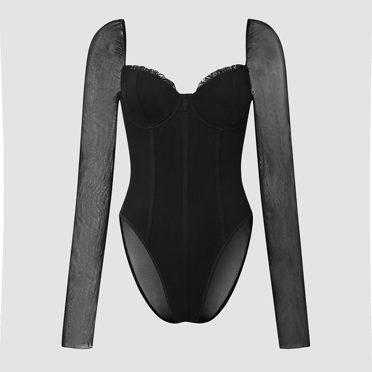Mesh Sleeve Corset Bodysuit With Frill Trim - Black - 6