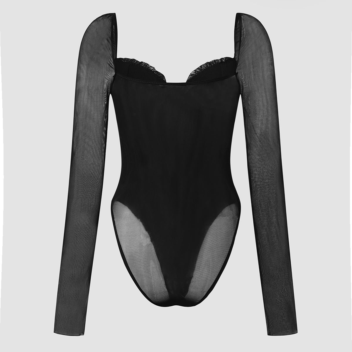 Mesh Sleeve Corset Bodysuit With Frill Trim - Black - 7
