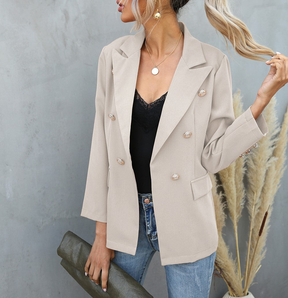 Double Breasted Notch Lapel Blazer - Apricot