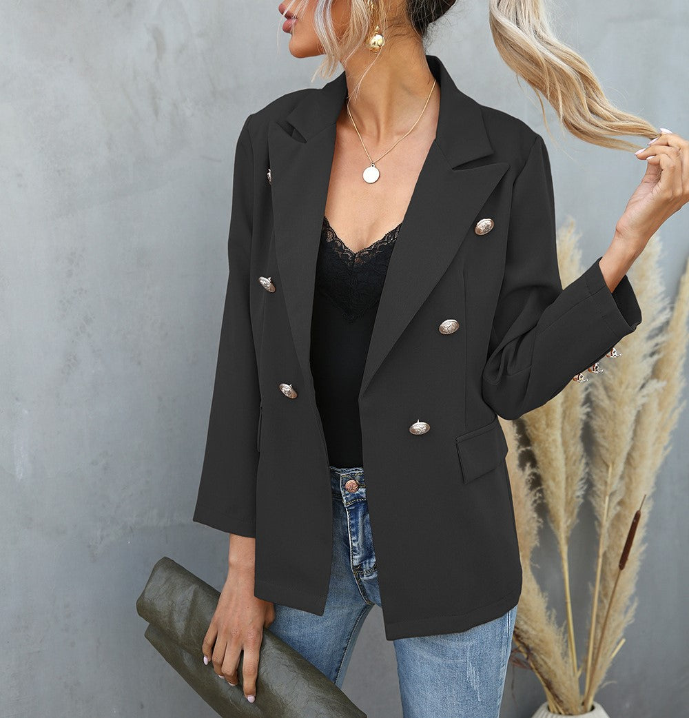 Double Breasted Notch Lapel Blazer - Black - 1