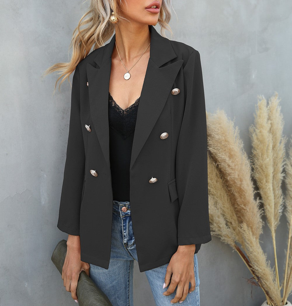 Double Breasted Notch Lapel Blazer - Black - 2