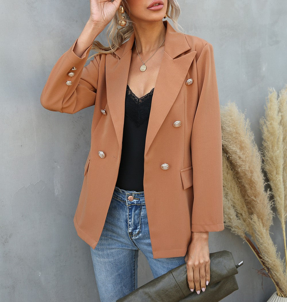 Double Breasted Notch Lapel Blazer - Khaki