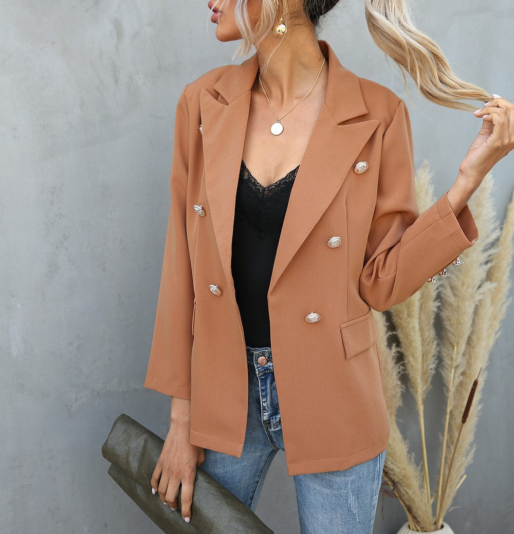 Double Breasted Notch Lapel Blazer - Khaki - 1