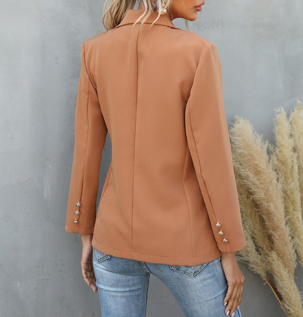 Double Breasted Notch Lapel Blazer - Khaki - 2