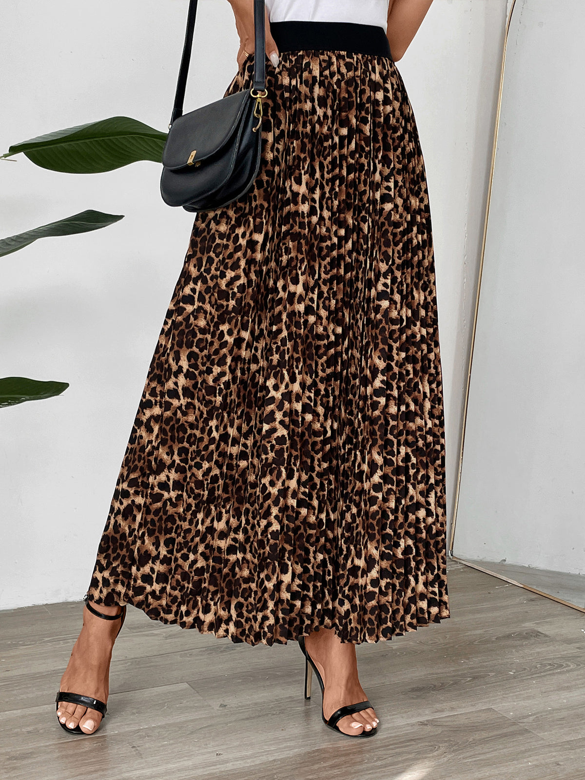 Leopard Print Accordion Pleat Maxi Skirt - Leopard