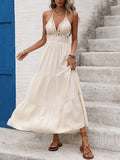 Backless Crochet Trim Tiered Maxi Dress - Apricot