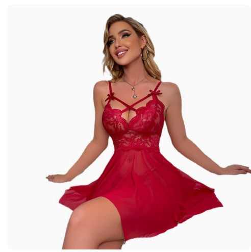 Floral Lace Criss Cross Sheer Mesh Babydoll Set