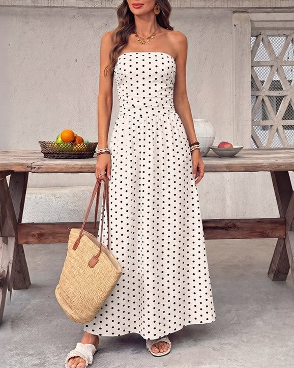 Polka Dot Strapless Flowy Maxi Dress - Beige