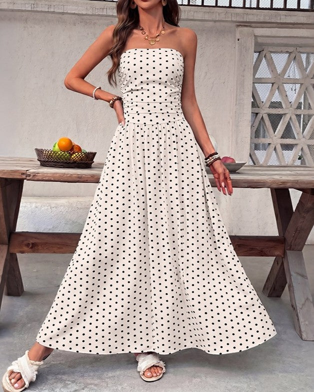 Polka Dot Strapless Flowy Maxi Dress - Beige - 1