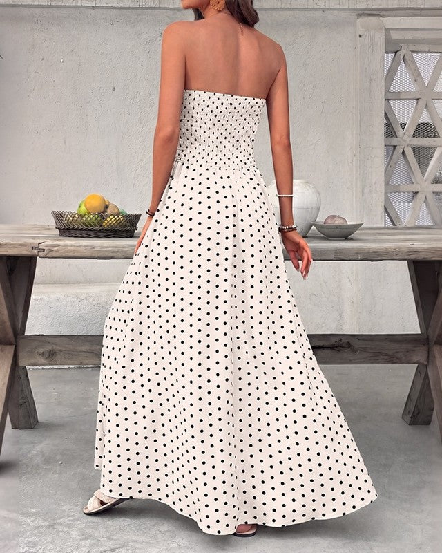 Polka Dot Strapless Flowy Maxi Dress - Beige - 2