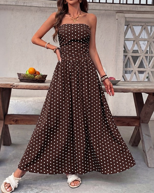 Polka Dot Strapless Flowy Maxi Dress - Coffee
